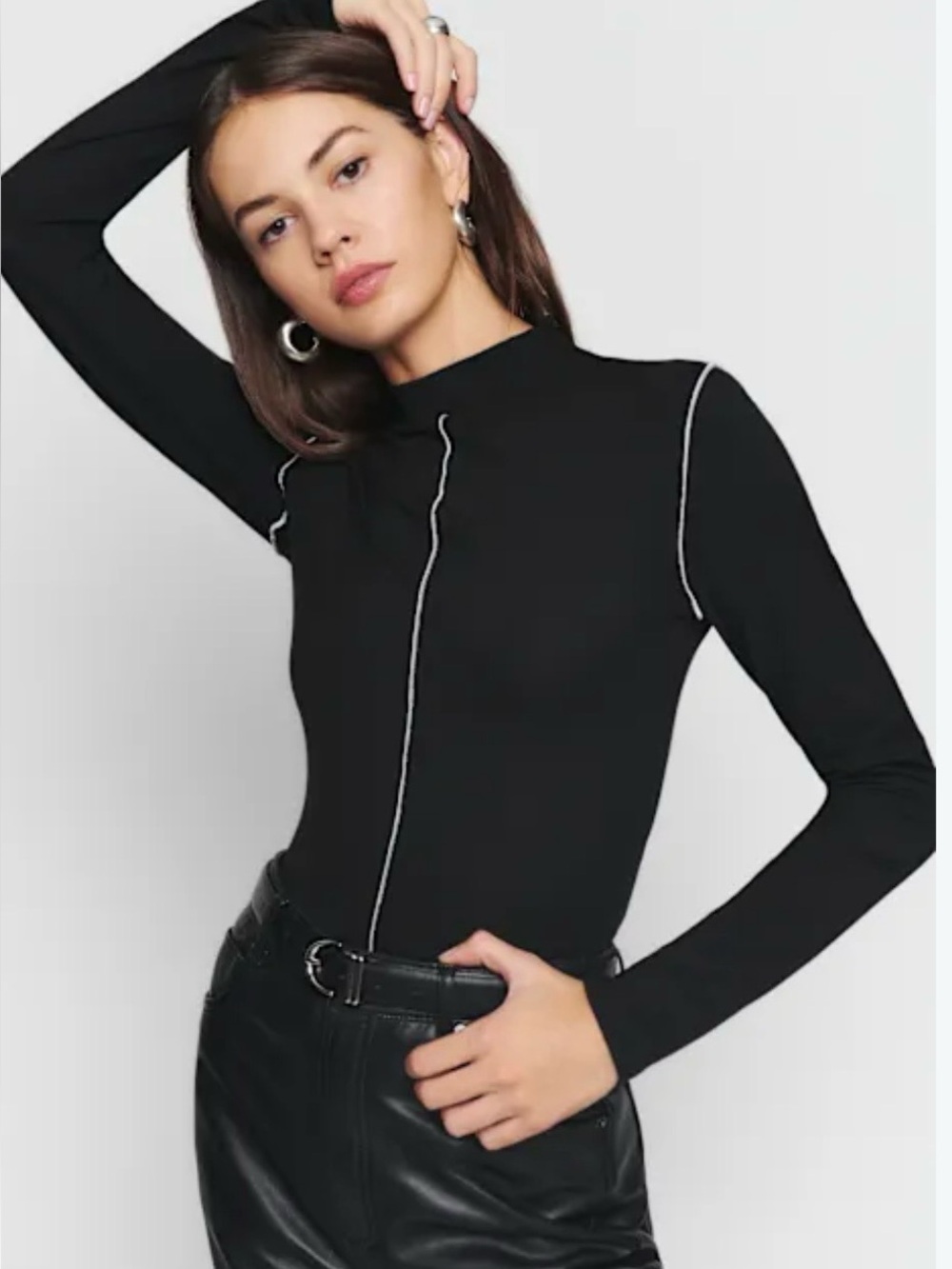 Reformation Black Long-Sleeve Mock Neck Top with White Contrast Stitching